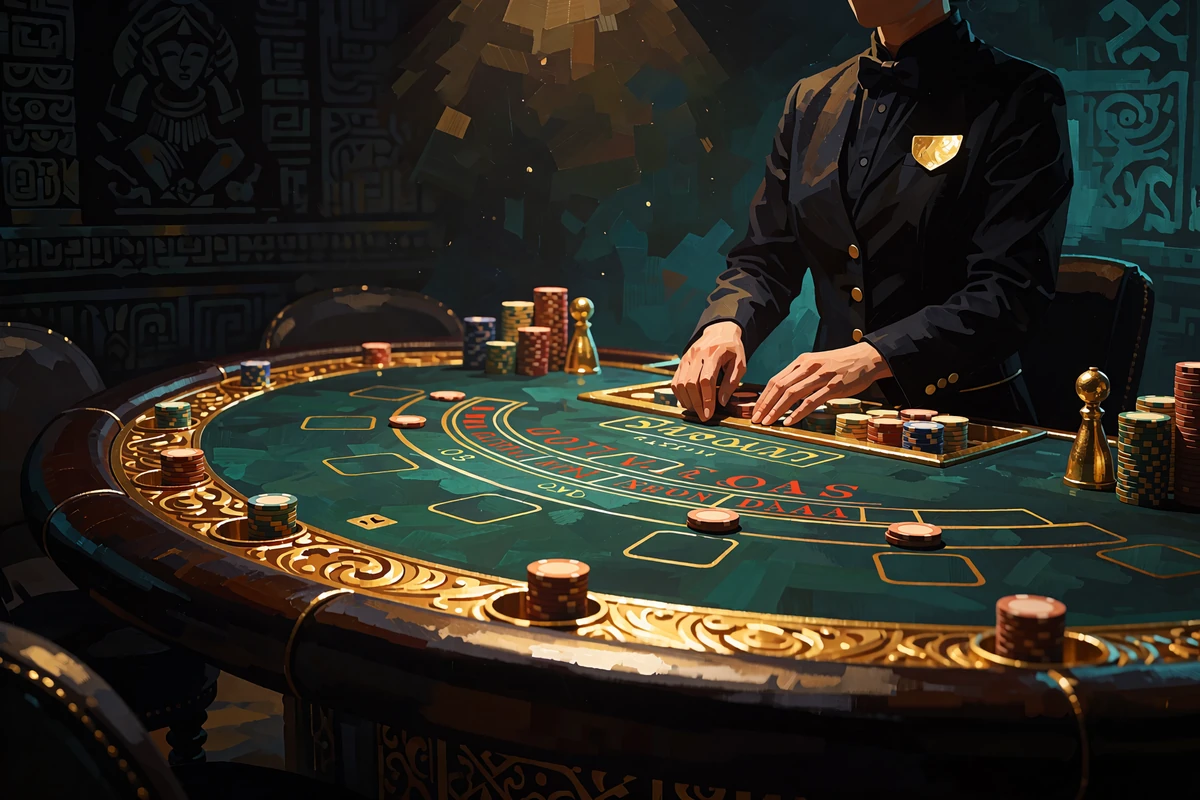 Zakrzywiony st&oacute;ł kasyna live z zielonym suknem, złotymi wykończeniami i krupierem w tle, Sankra Casino