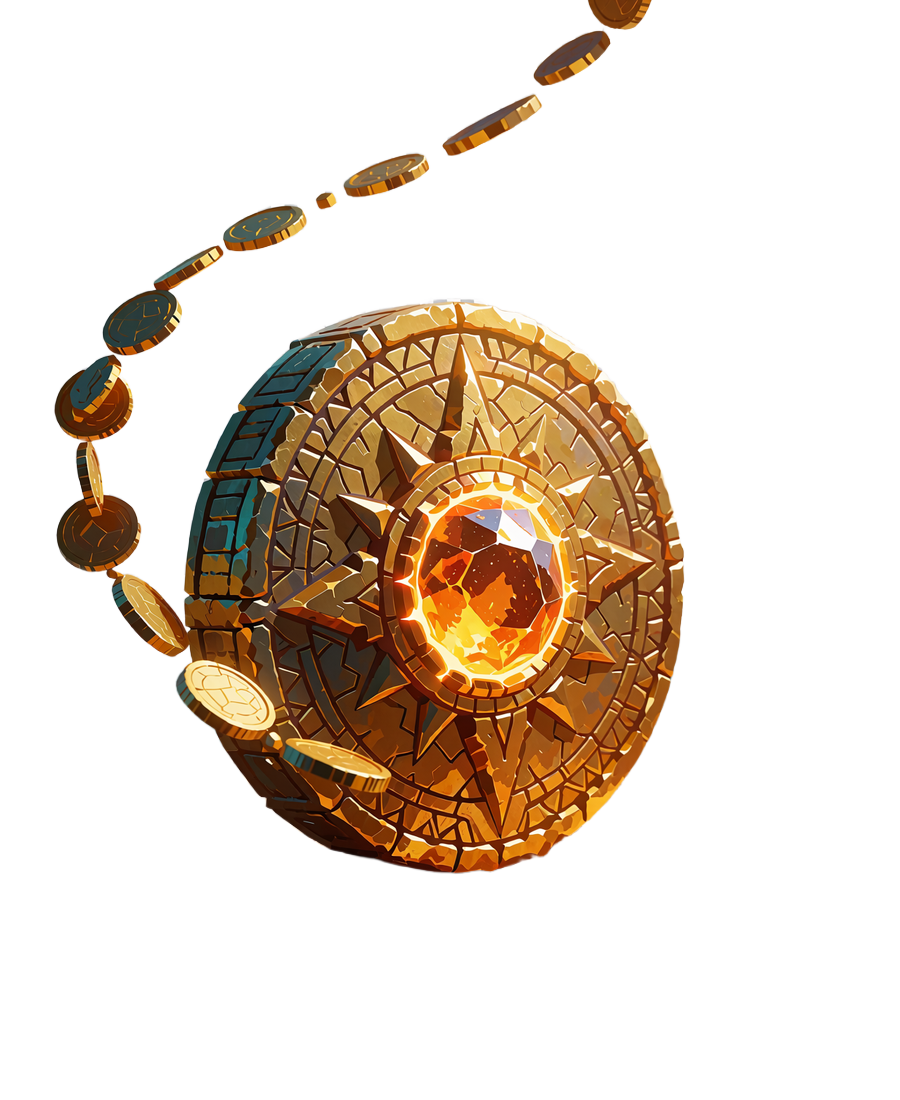 Złoty amulet świątynny z żarzącym się bursztynowym kamieniem i spiralą monet - symbol darmowych spin&oacute;w w Sankra Casino
